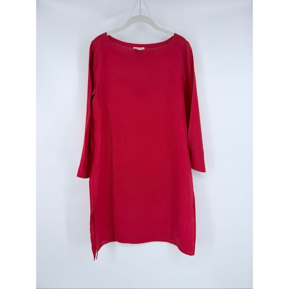 Eileen Fisher Size Small Red Linen Blend Tunic Top Dress Boatneck Side Slit